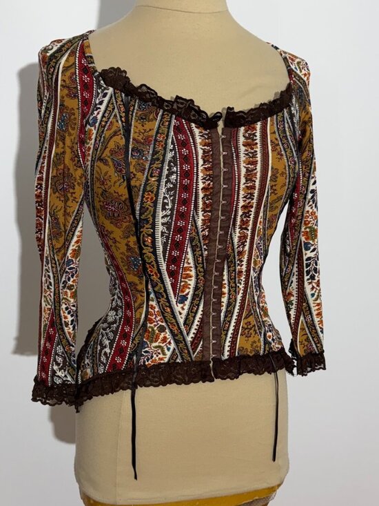 Made In Italy Tops - Vintage Y2K Corset-Style Italian Lace Long-Sleeve Top